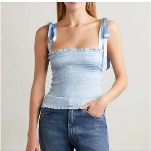 Reformation Silk Pina Smocked Top In Horizon Baby Blue